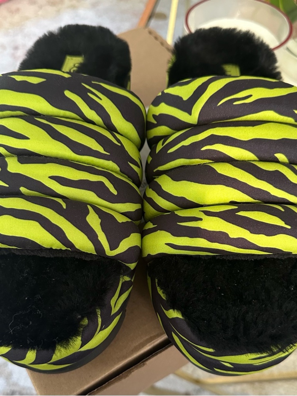 UGG Neon Green Zebra Print Slide Sandals with Black Fur